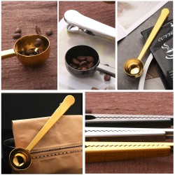 Stainless steel coffee scoop and clip dual purpose