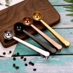 Stainless steel coffee scoop and clip dual purpose